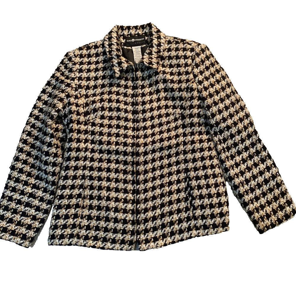 SAG HARBOR WOMEN'S ZIP FRONT LINED BLACK/GOLD/WHITE TWEED BLAZER SIZE 4P-EUC